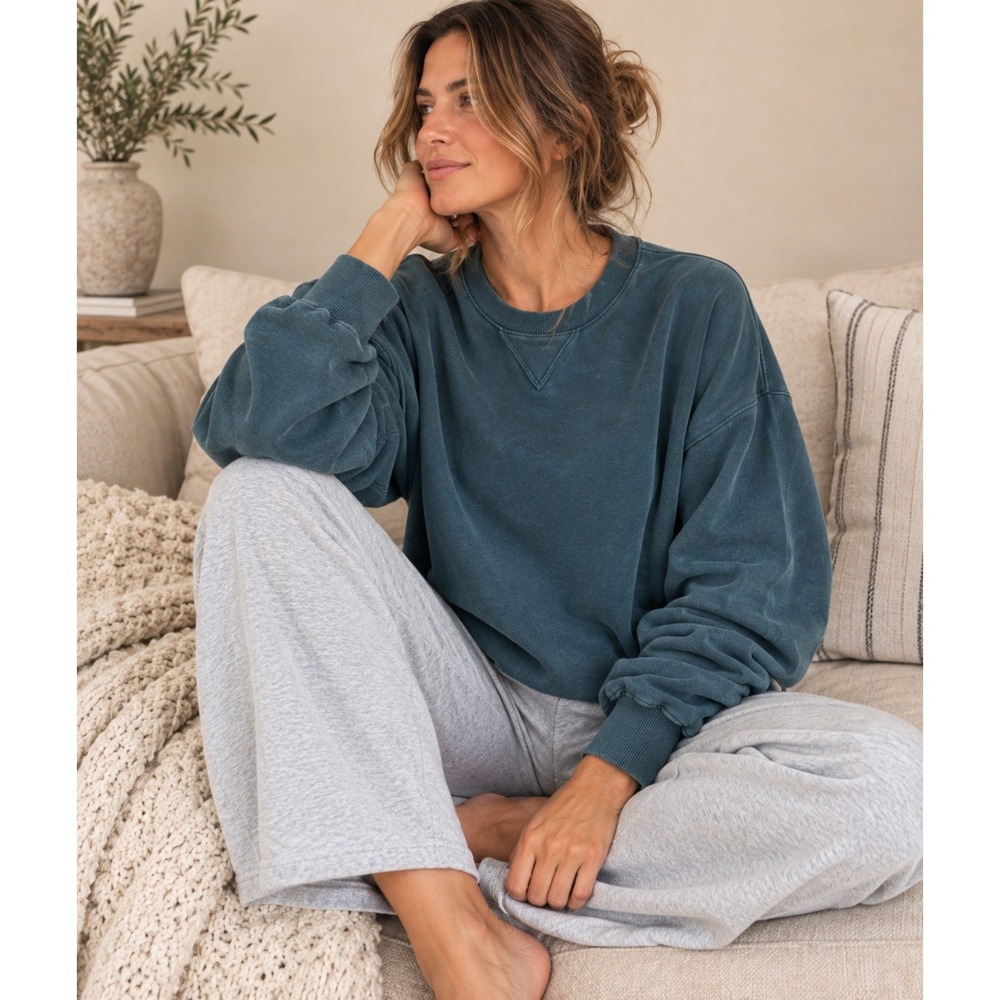 Free People Movement FP Pinecone Oversized Sweatshirt Teal Blue Pockets Small